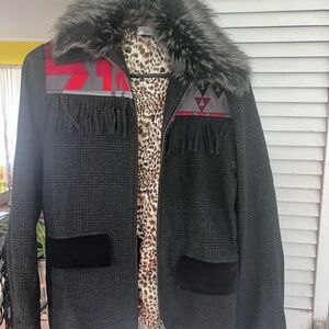 Tasha Polizzi Gray and Red Utility Jacket with Faux Fur